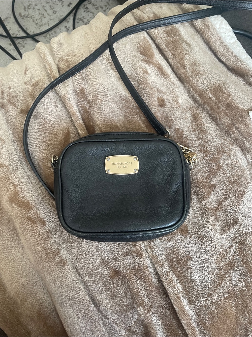 Michael Kors Black Leather Crossbody with Gold Plate